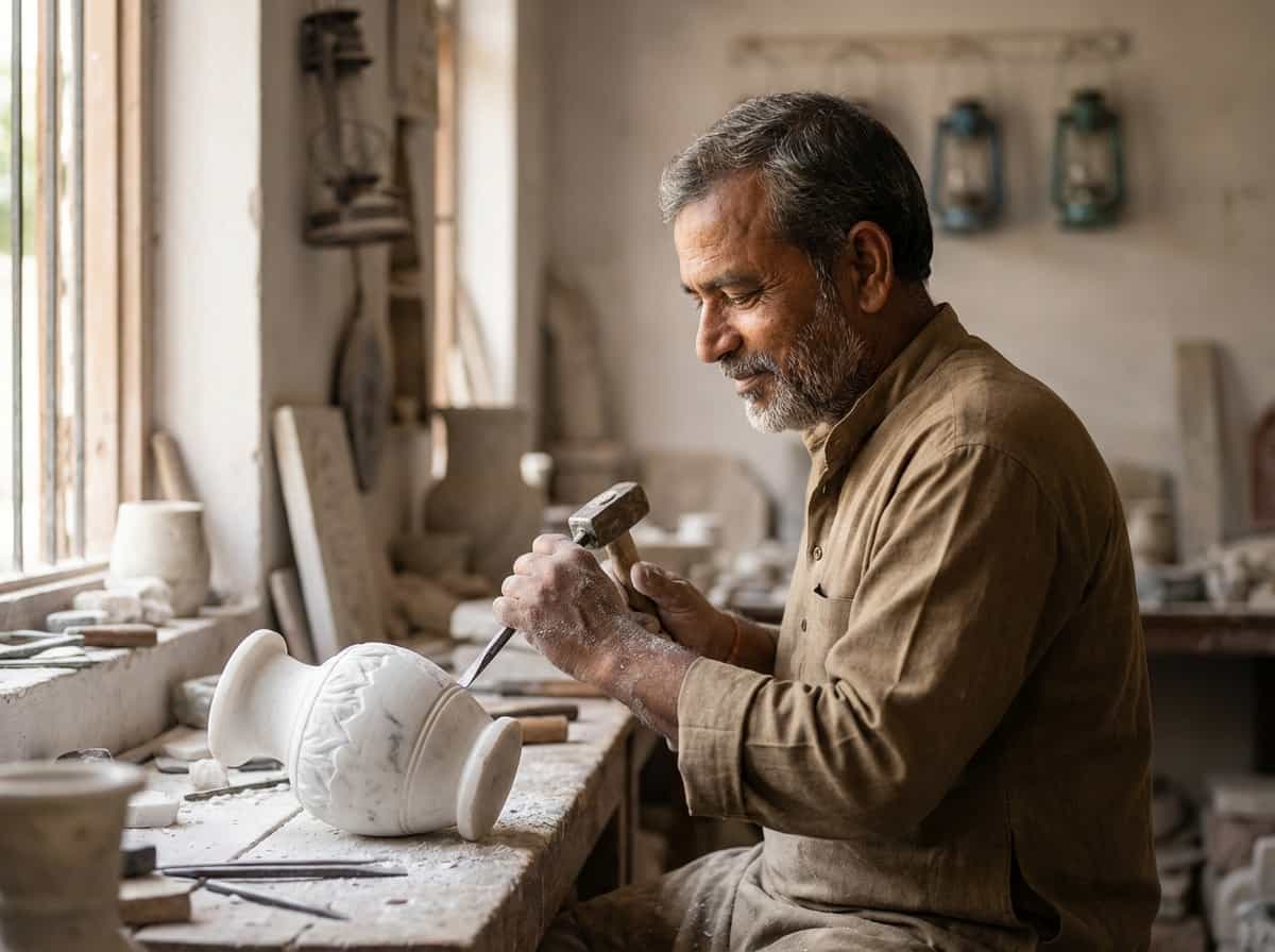 Artisan hands carving marble