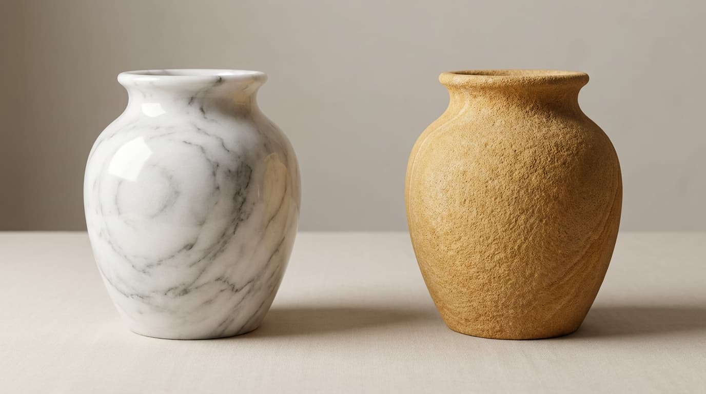 White marble vase compared to sandstone vase