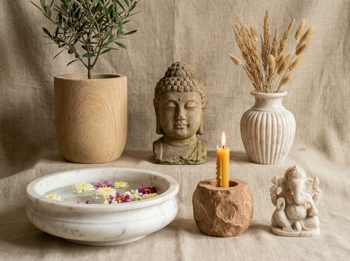 Collection of marble and sandstone handicrafts