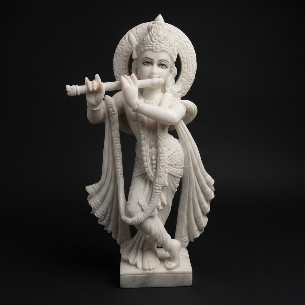 Exquisite Hand-Carved Krishna Sculpture Playing Flute - hero-light