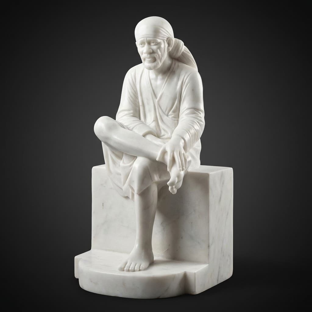 Artisan Hand-Carved Seated Sai Baba Stone Sculpture - hero-light