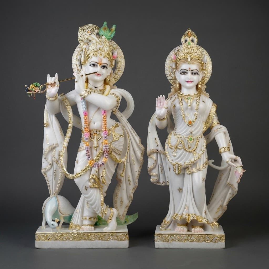 Exquisite Hand-Carved Radha Krishna Divine Couple Stone Statue - hero-light