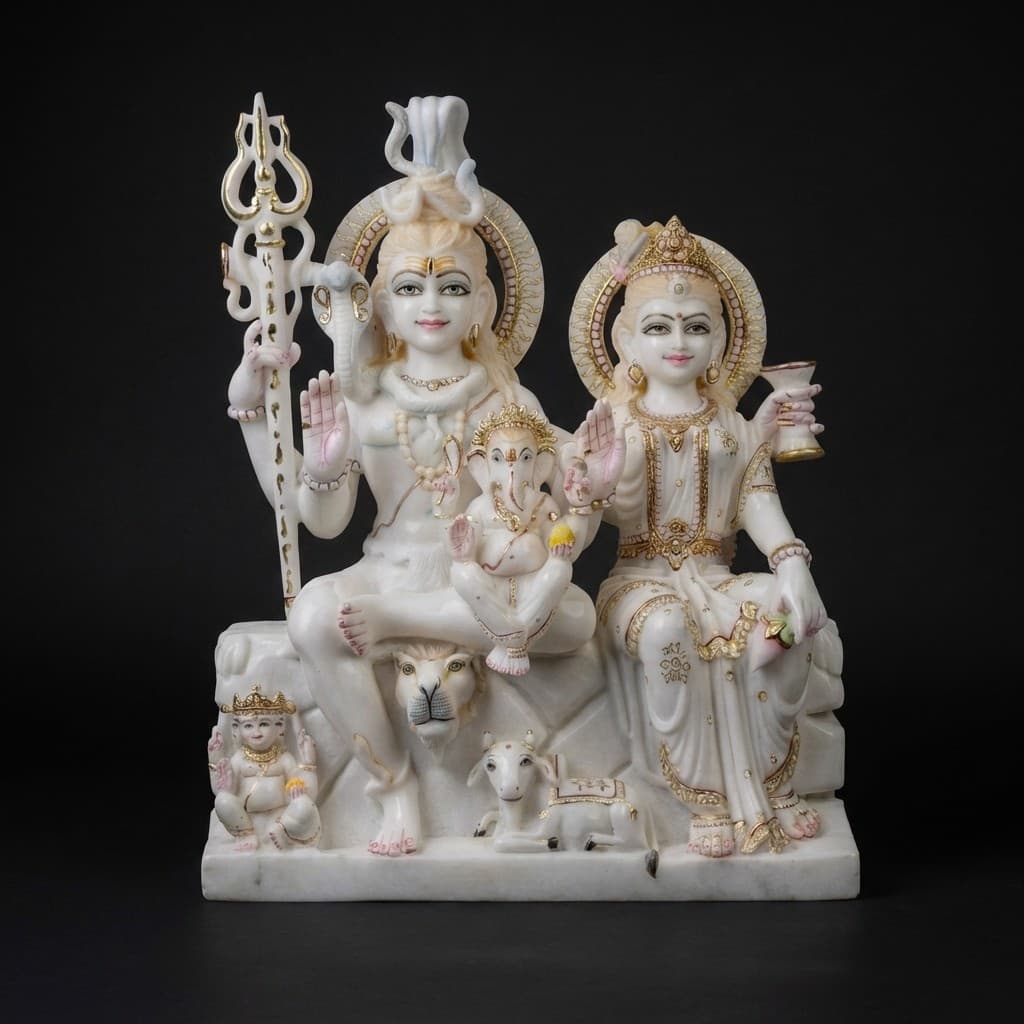 Hand-Carved Shiva Parivar Divine Family Stone Sculpture - hero-light