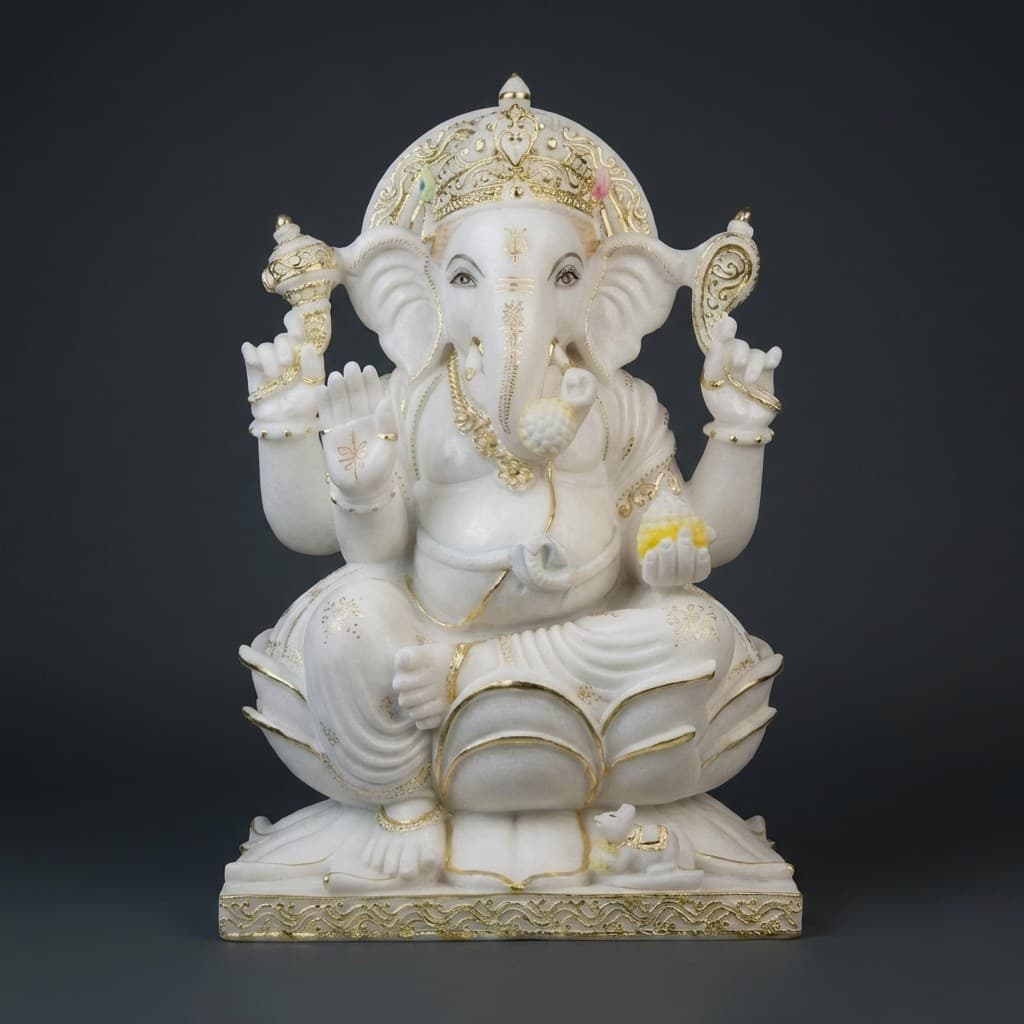 Exquisite Handcrafted Lord Ganesha Stone Statue with Gold Detailing - hero-light