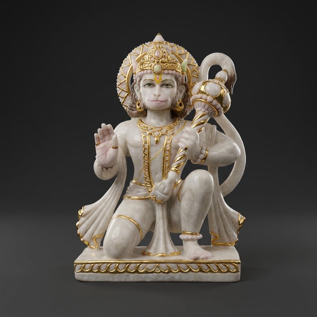 Hand-Carved Divine Hanuman Ji Stone Statue with Gold Detailing - hero-light