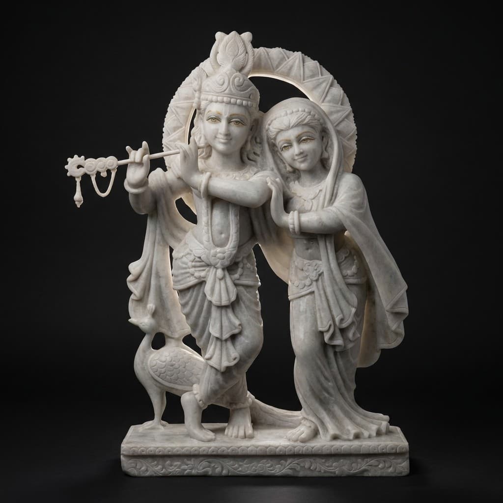 Exquisite Hand-Carved Radha Krishna Stone Sculpture with Divine Inlay Work - hero-light