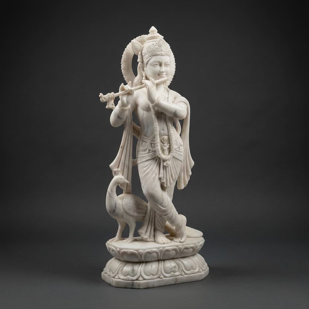 Divine Hand-Carved Lord Krishna with Peacock Stone Statue - hero-light