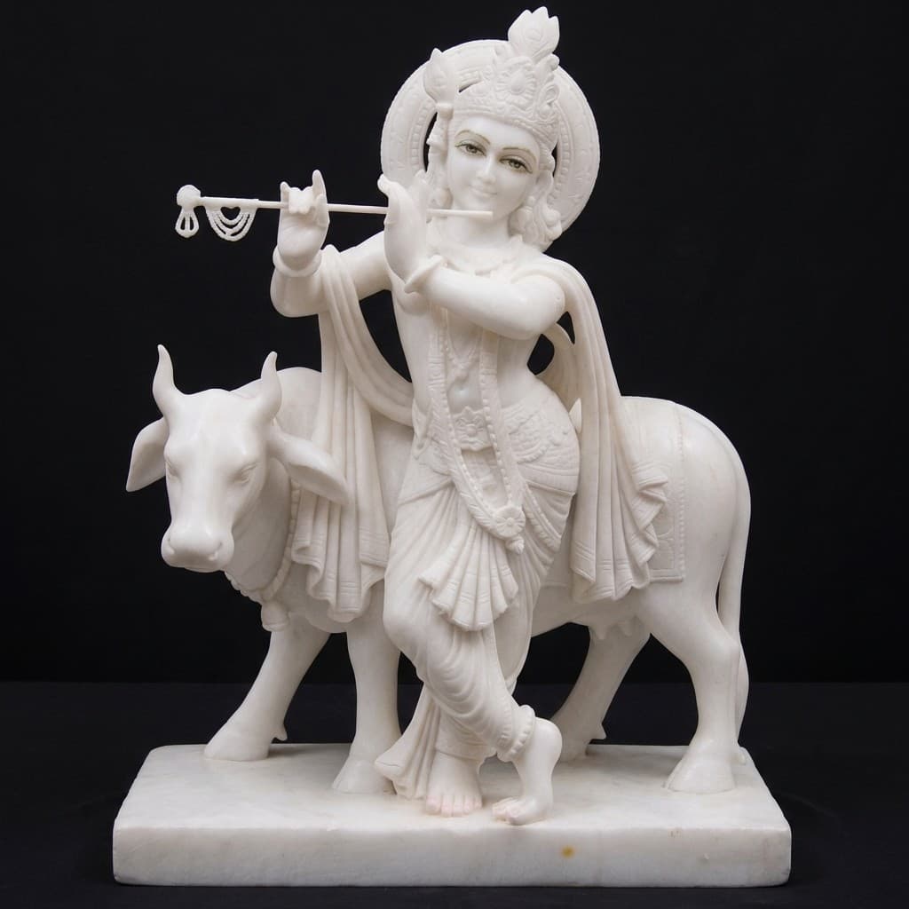 Artisan Crafted Lord Krishna Playing Flute and Cow Stone Sculpture - hero-light