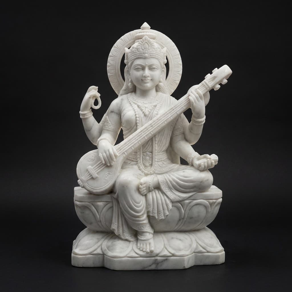 Exquisite Hand-Carved Goddess Saraswati Stone Sculpture - hero-light