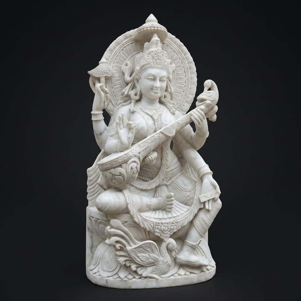 Exquisite Hand-Carved Goddess Saraswati Stone Statue - hero-light