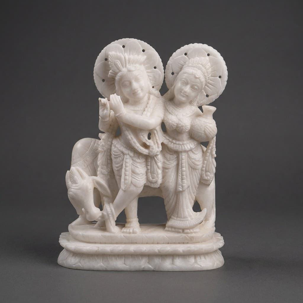 Exquisite Hand-Carved Radha Krishna Jugal Jodi with Cow Statue - hero-light