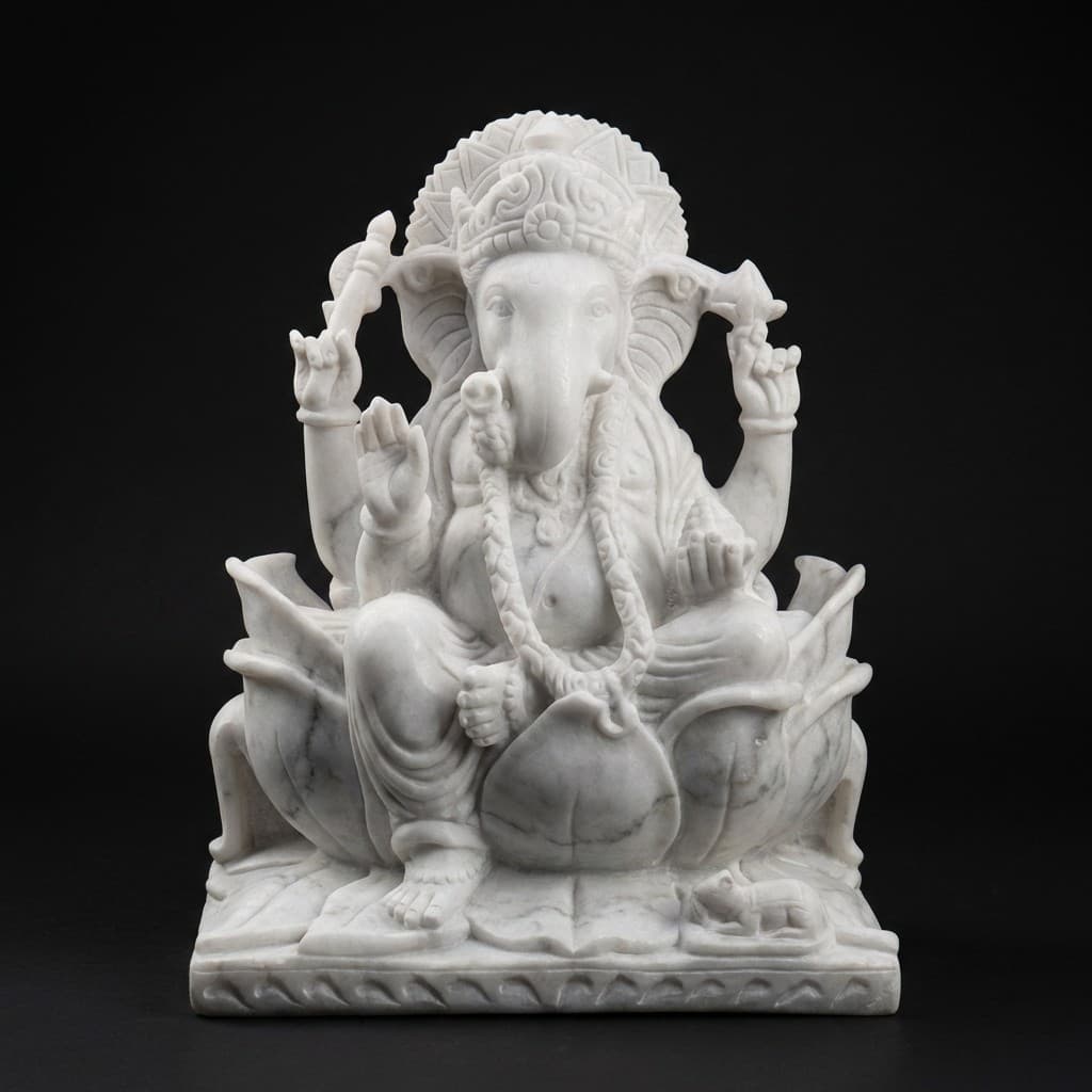Hand-Carved Divine Lord Ganesh Seated on Lotus Stone Statue - hero-light