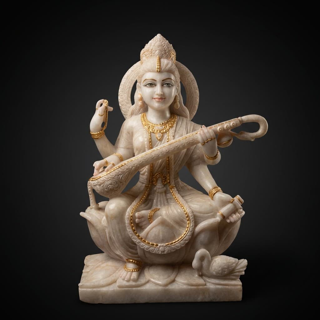 Exquisite Handcrafted Goddess Saraswati Statue on Lotus Base - hero-light