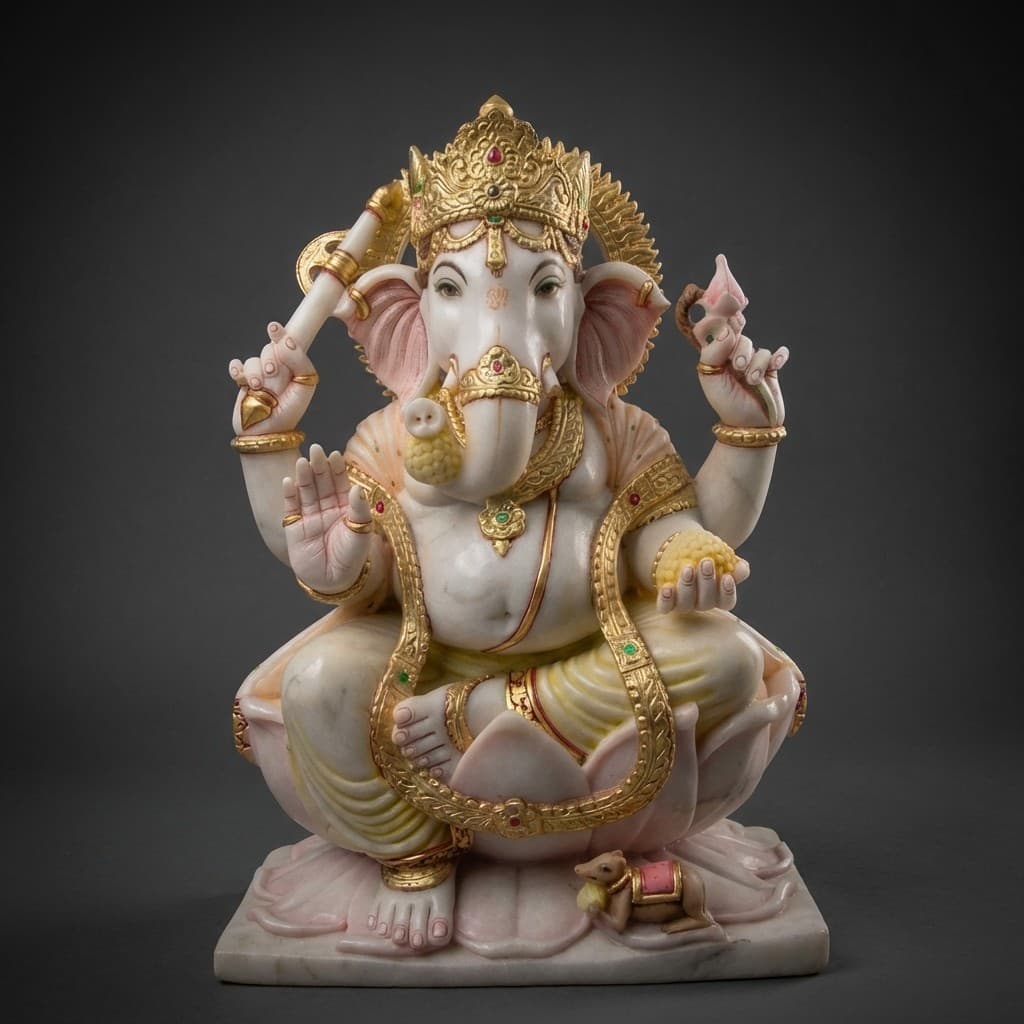 Hand-Carved Divine Ganesha Stone Statue on Lotus Pedestal - hero-light
