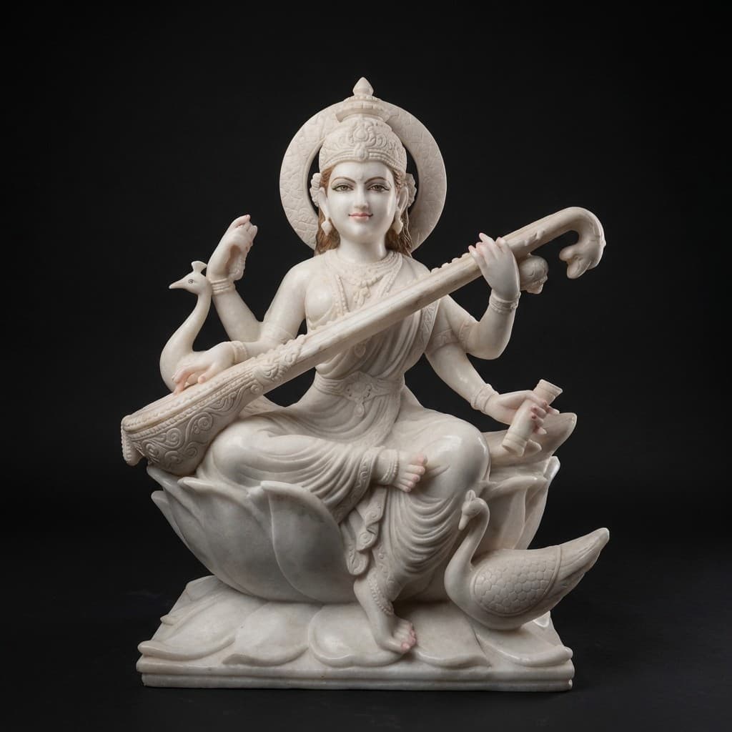 Hand-Carved Saraswati Stone Sculpture on Lotus - hero-light