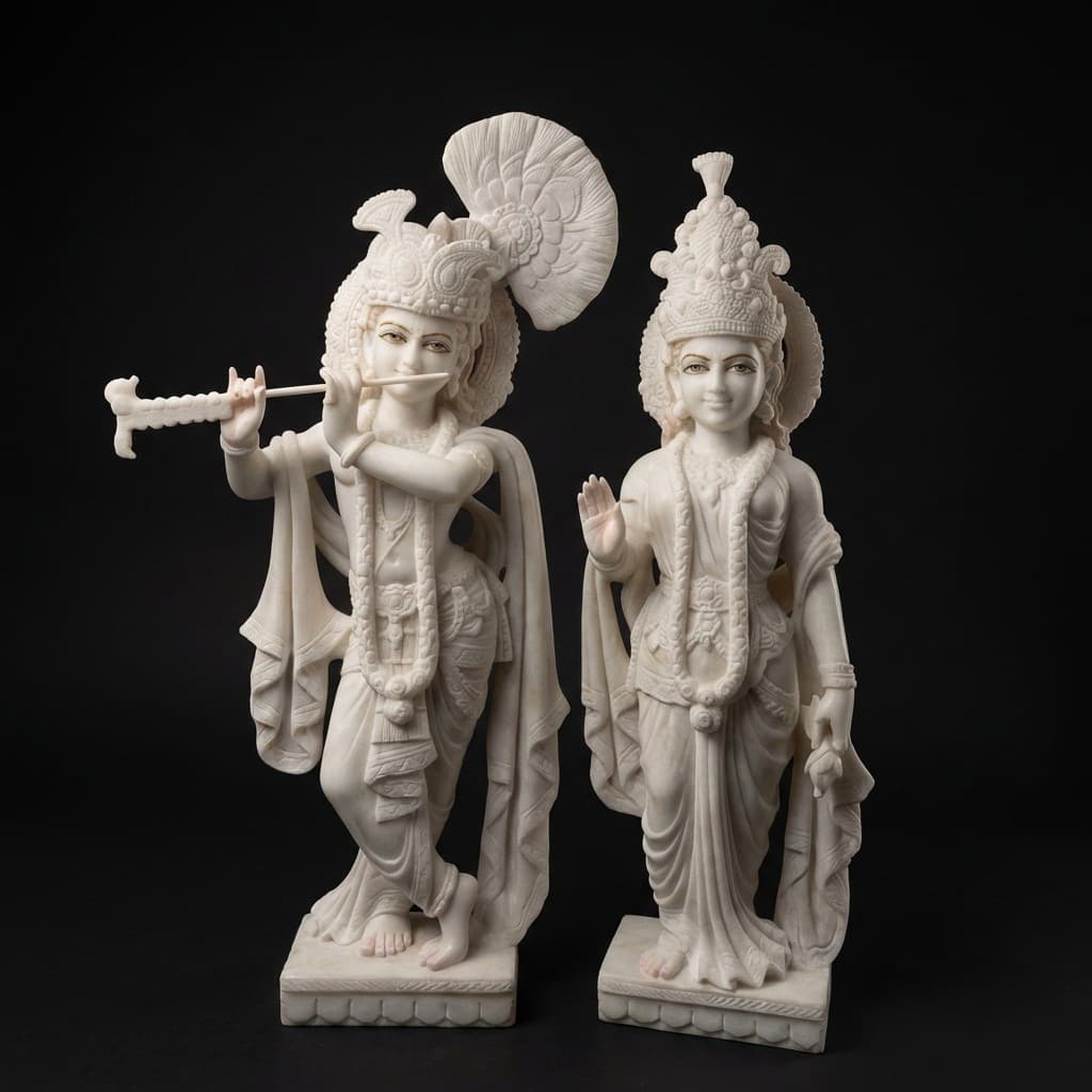 Hand-Carved Radha Krishna Divine Stone Statue with Ornate Detailing - hero-light