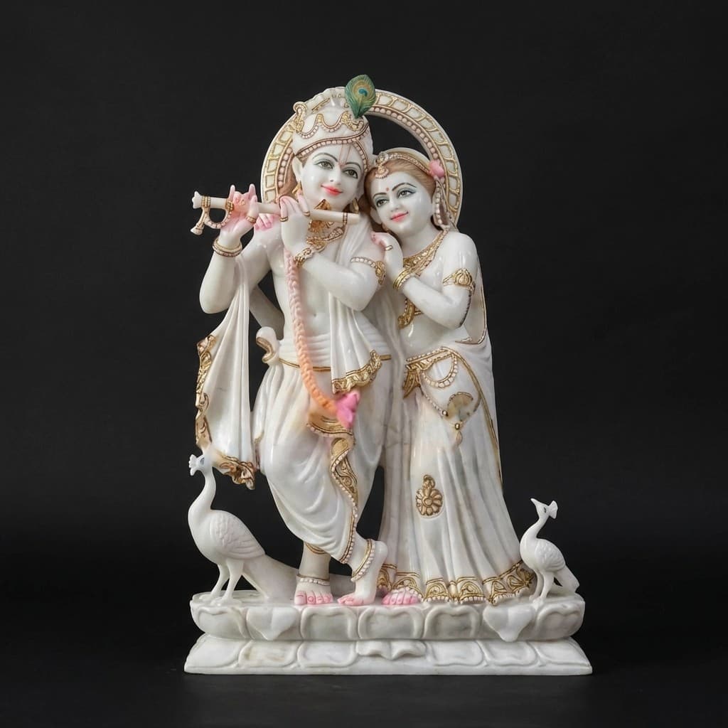 Divine Radha Krishna Hand-Carved Stone Sculpture with Peacocks