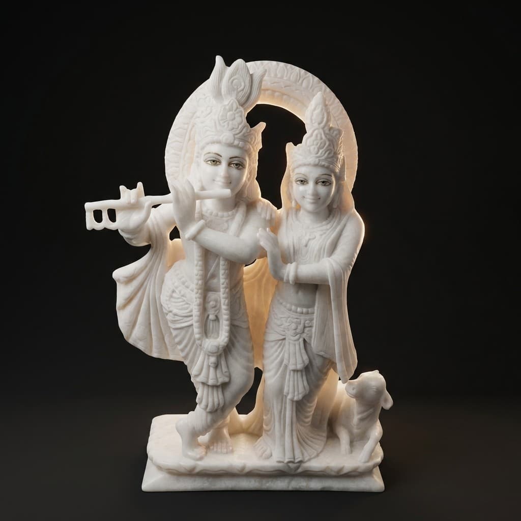 Artisan Hand-Carved Radha Krishna Jugal Stone Statue with Divine Cow - hero-light