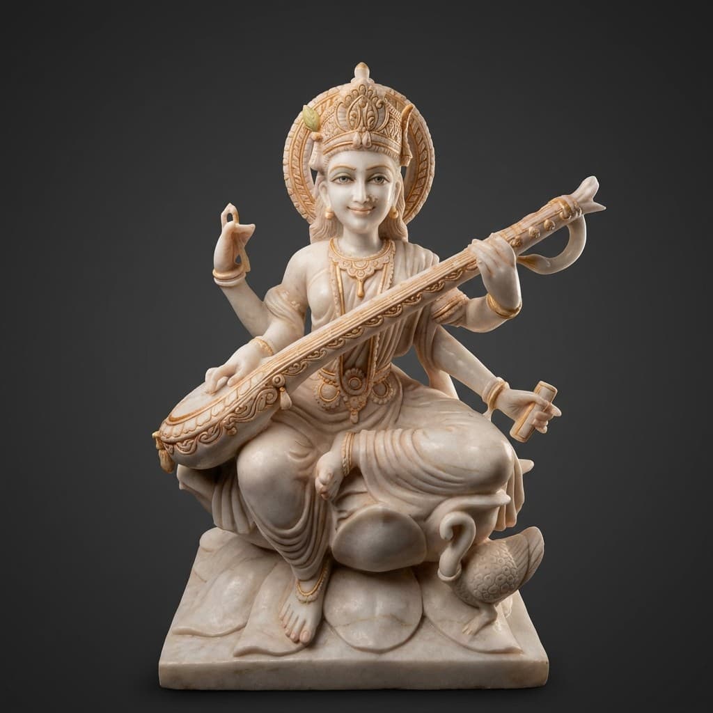 Exquisite Hand-Carved Saraswati Stone Statue - Goddess of Wisdom - hero-light
