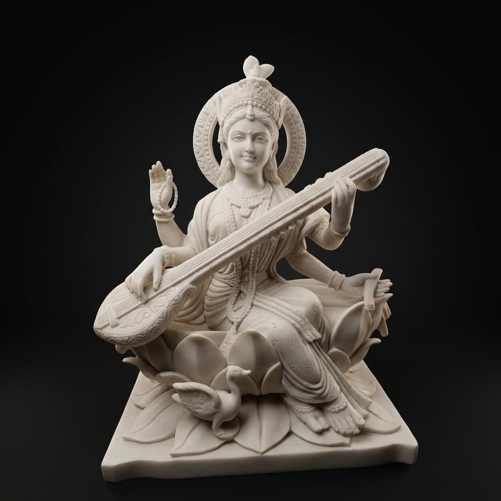 Exquisite Hand-Carved Saraswati Stone Statue in Lotus Posture - hero-light