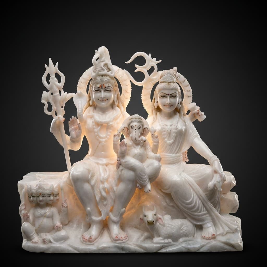 Exquisite Hand-Carved Shiv Parivar Stone Statue - Divine Family Idol - hero-light