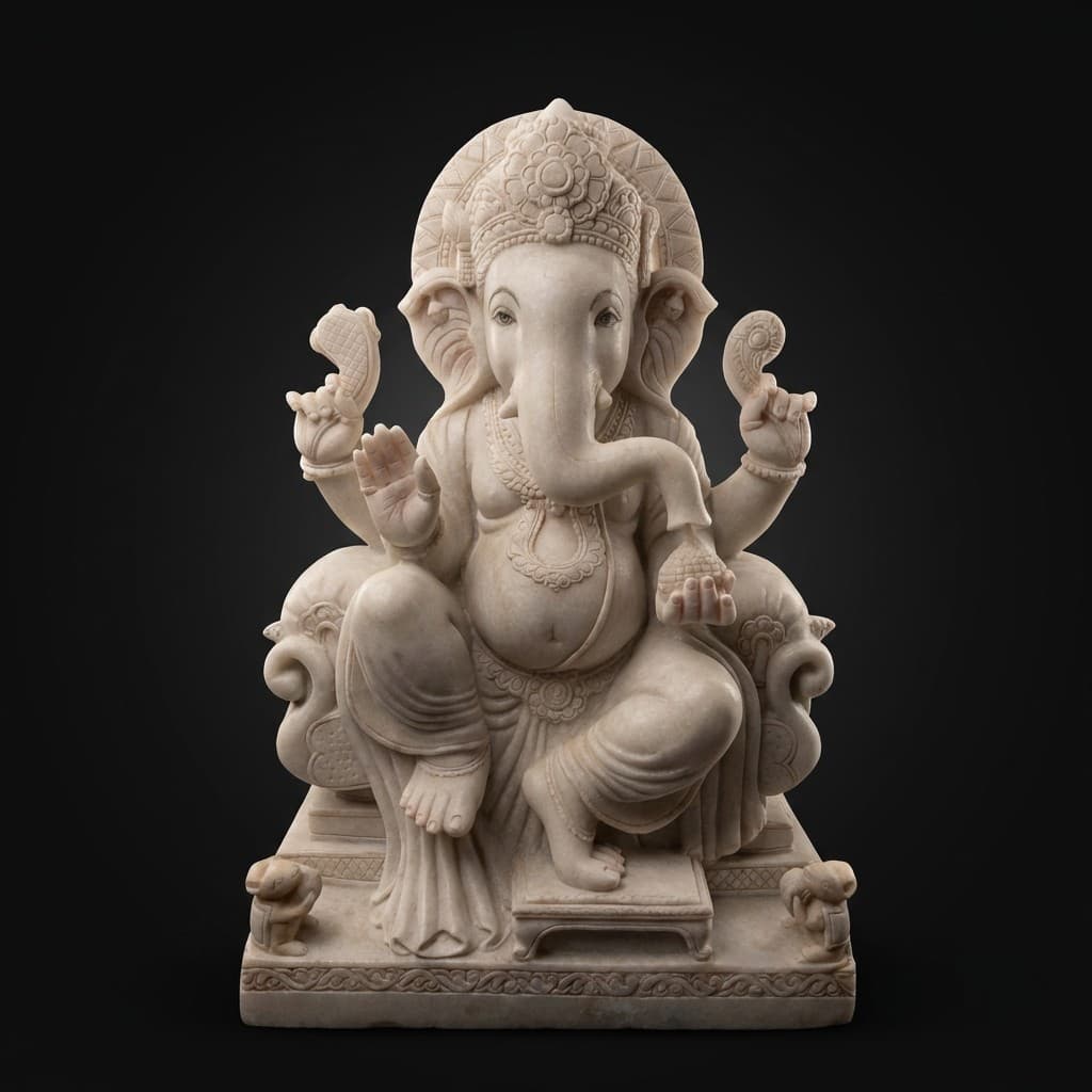 Artisan Hand-Carved Seated Lord Ganesha Stone Statue - hero-light