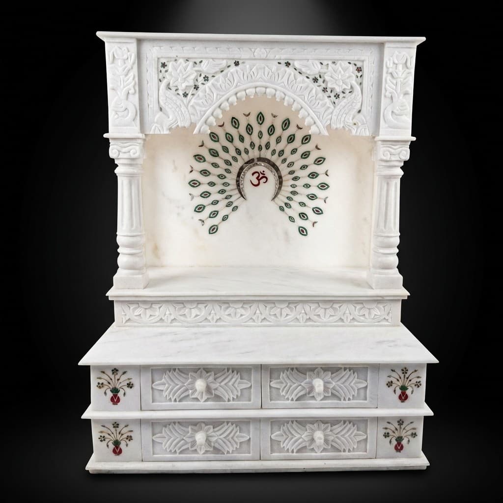 Hand-Carved Ornate Stone Home Temple with Intricate Peacock Design - hero-light