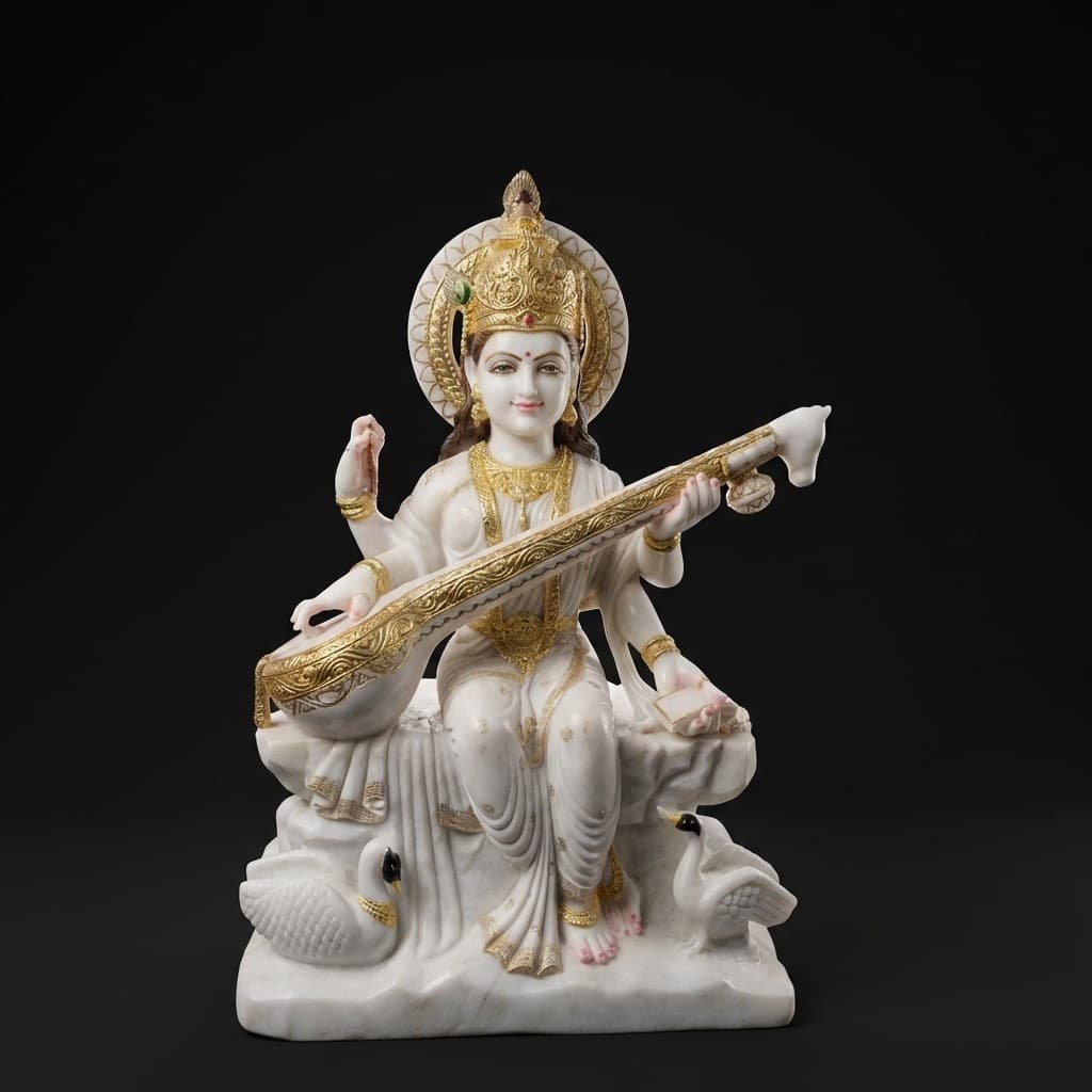 Exquisite Hand-Carved Goddess Saraswati Stone Sculpture - hero-light