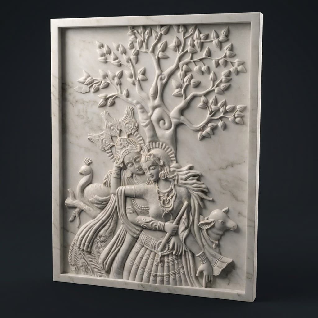 Exquisite Hand-Carved Radha Krishna Divine Stone Wall Mural - hero-light