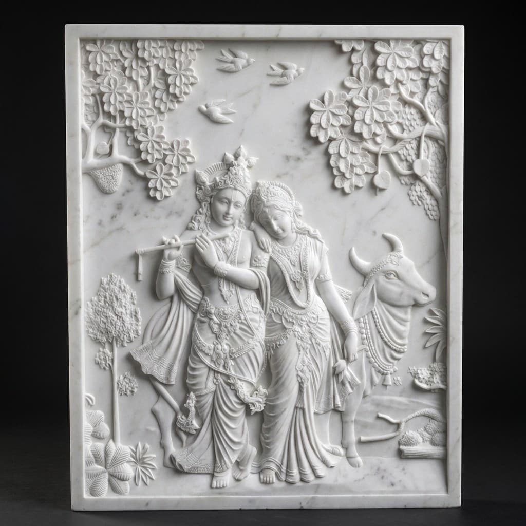 Artisan Hand-Carved Krishna Radha Stone Wall Mural - hero-light