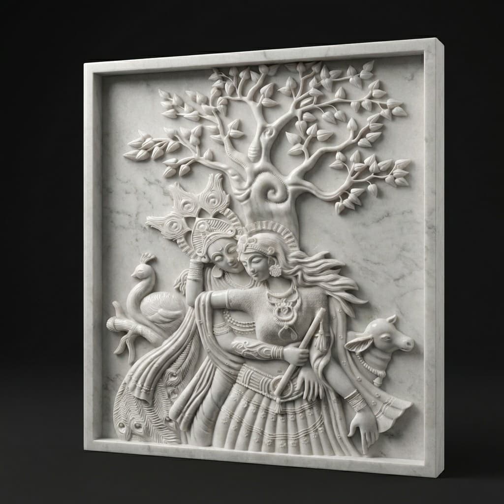 Hand-Carved Radha Krishna Devotional Stone Wall Mural - hero-light