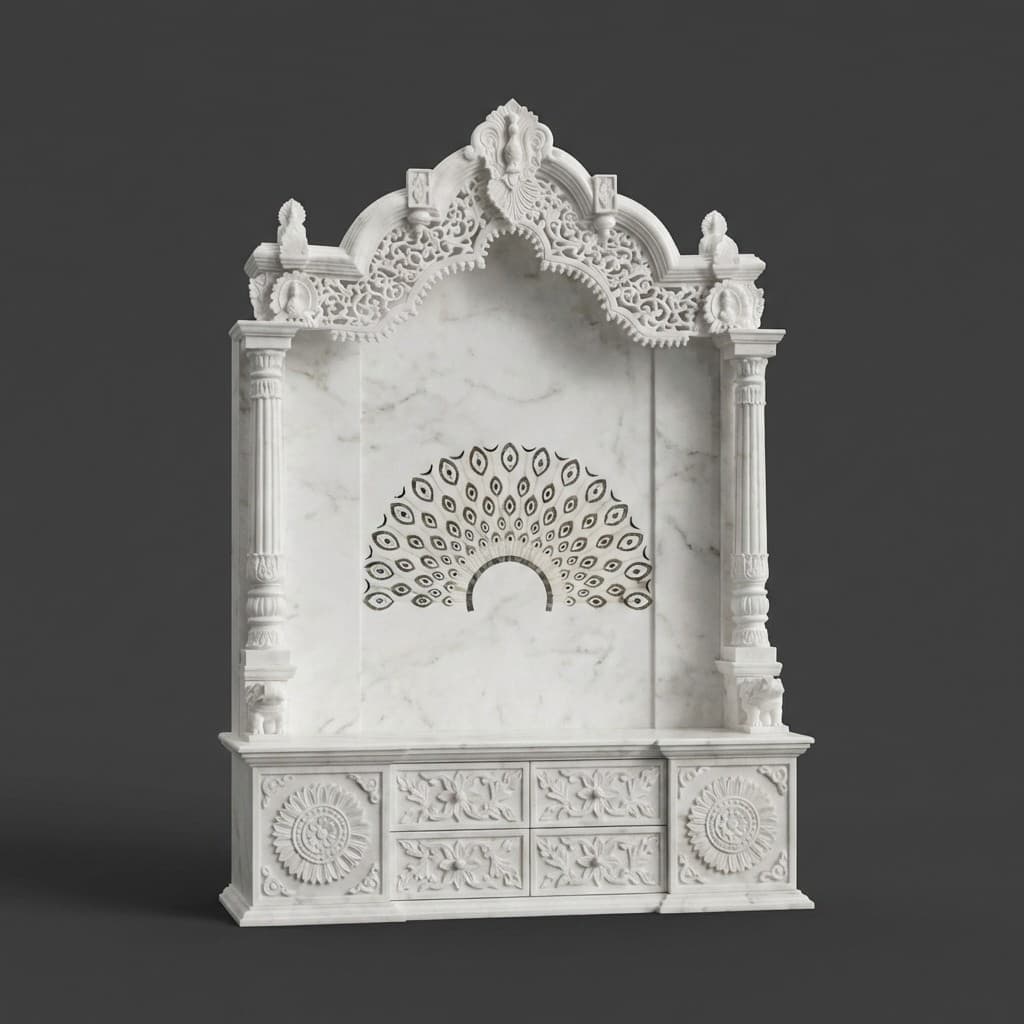 Ornate Hand-Carved Stone Mandir with Detailed Peacock Inlay - hero-light