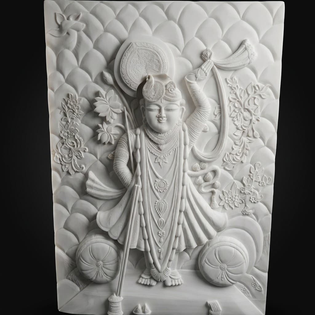 Exquisite Hand-Carved Shreenathji Stone Relief Wall Panel - hero-light