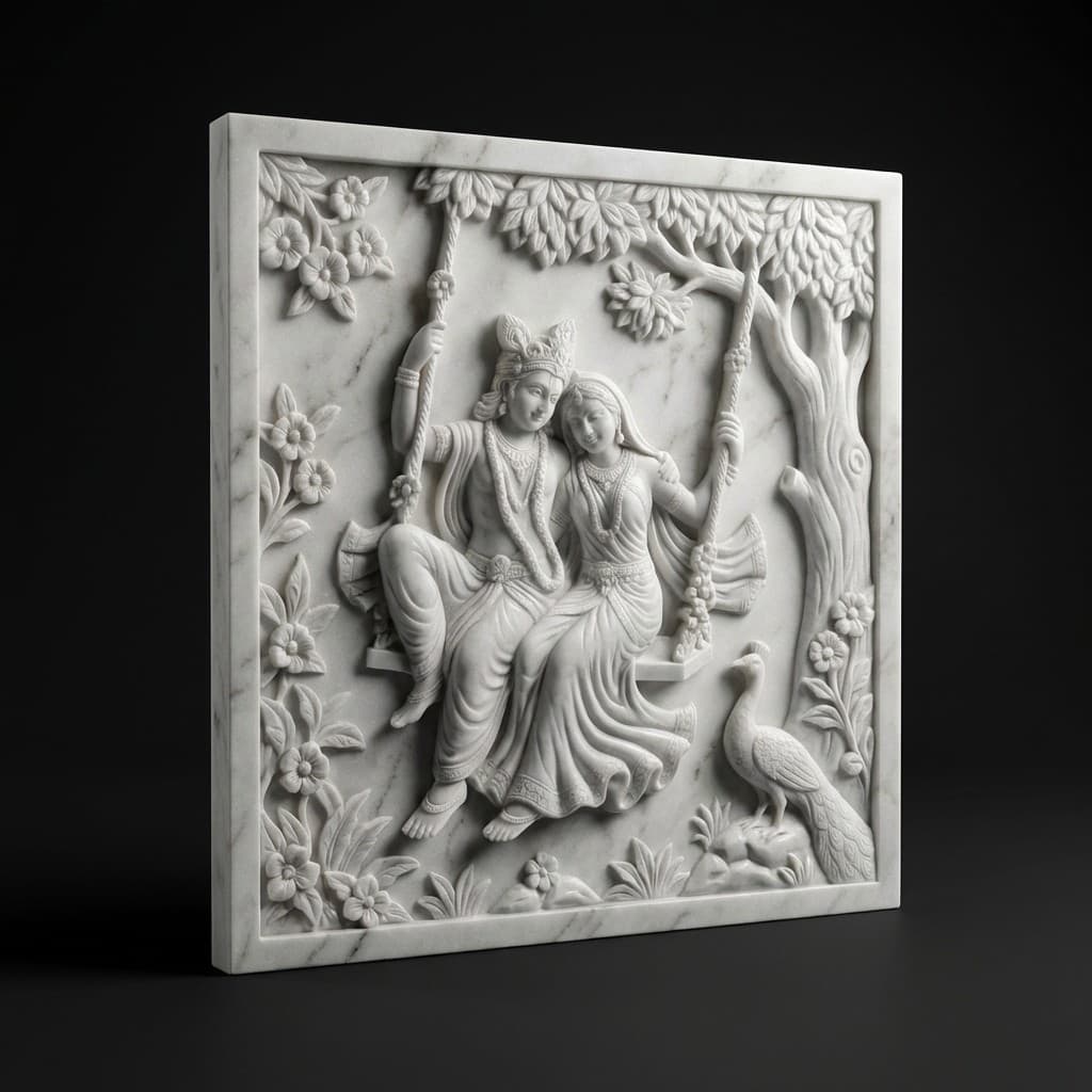 Hand-Carved Radha Krishna Jhula Stone Wall Mural - hero-light