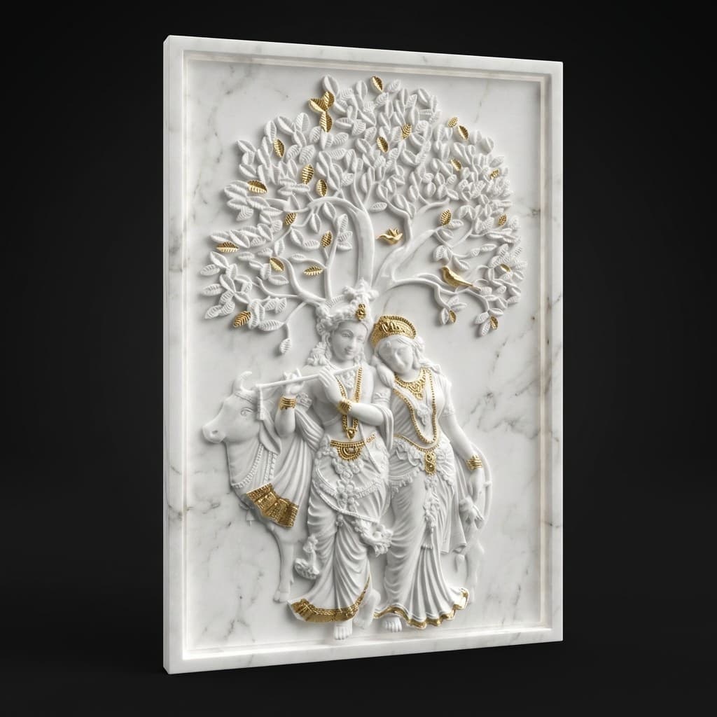 Exquisite Hand-Carved Radha Krishna Stone Wall Mural Sculpture - hero-light