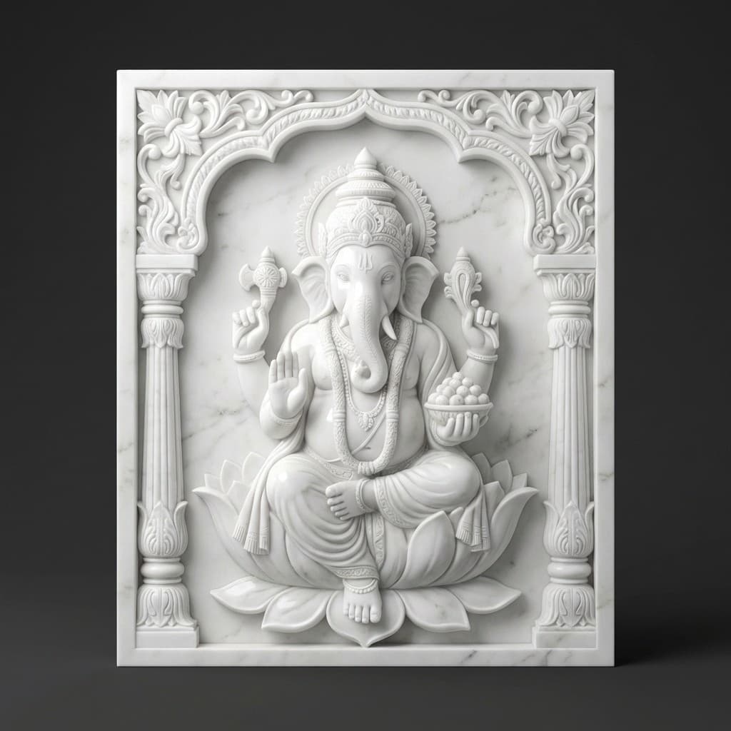 Exquisite Hand-Carved Sitting Ganesha Stone Wall Mural - hero-light
