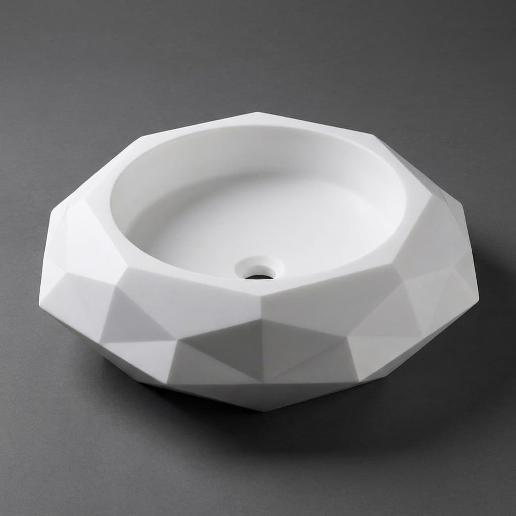 Exquisite Hand-Carved Geometric Faceted Stone Countertop Basin - hero-light
