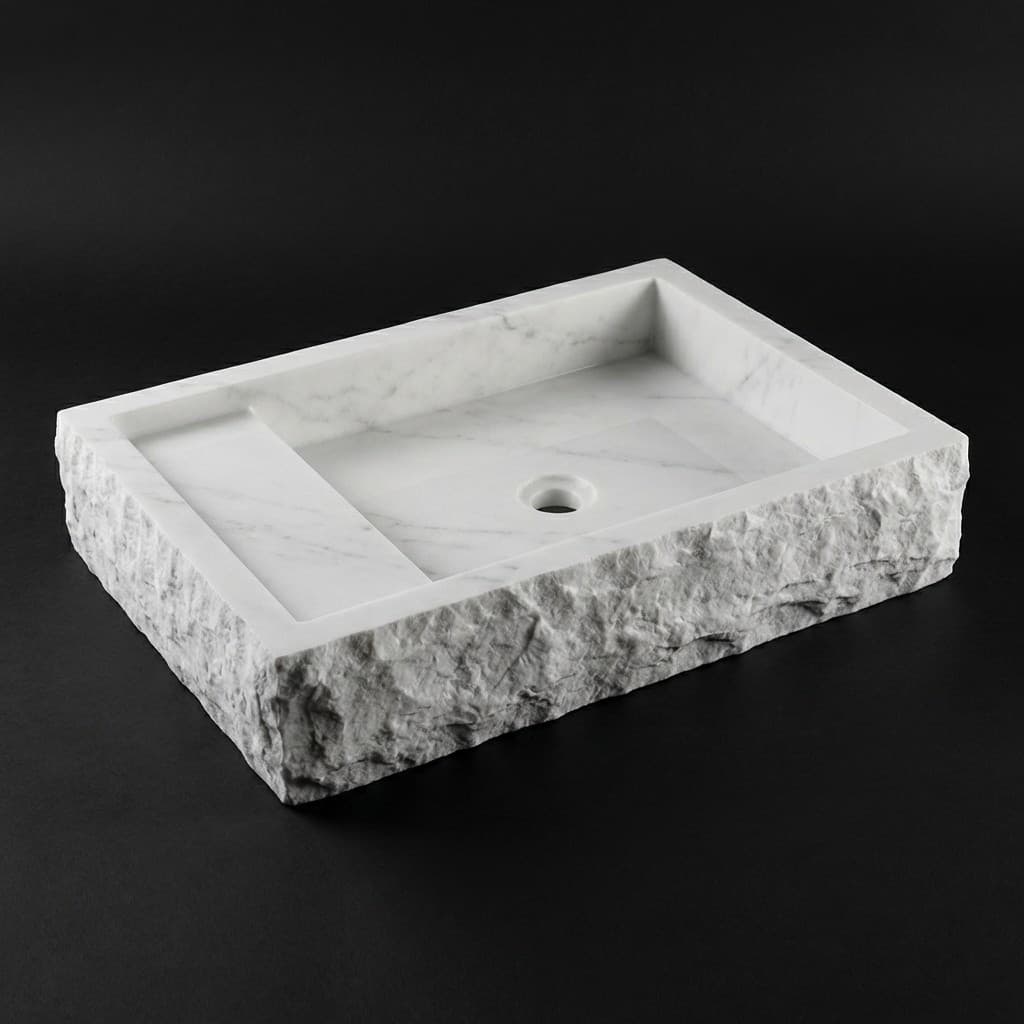 Artisan Crafted Rectangular Stone Wash Basin with Textured Exterior - hero-light