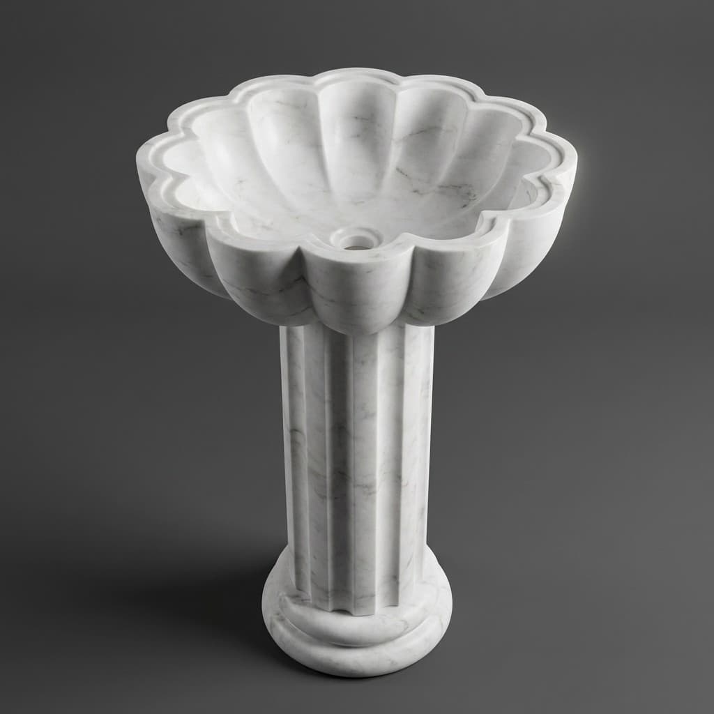 Artisan Hand-Carved Scalloped Shell Stone Pedestal Sink - hero-light