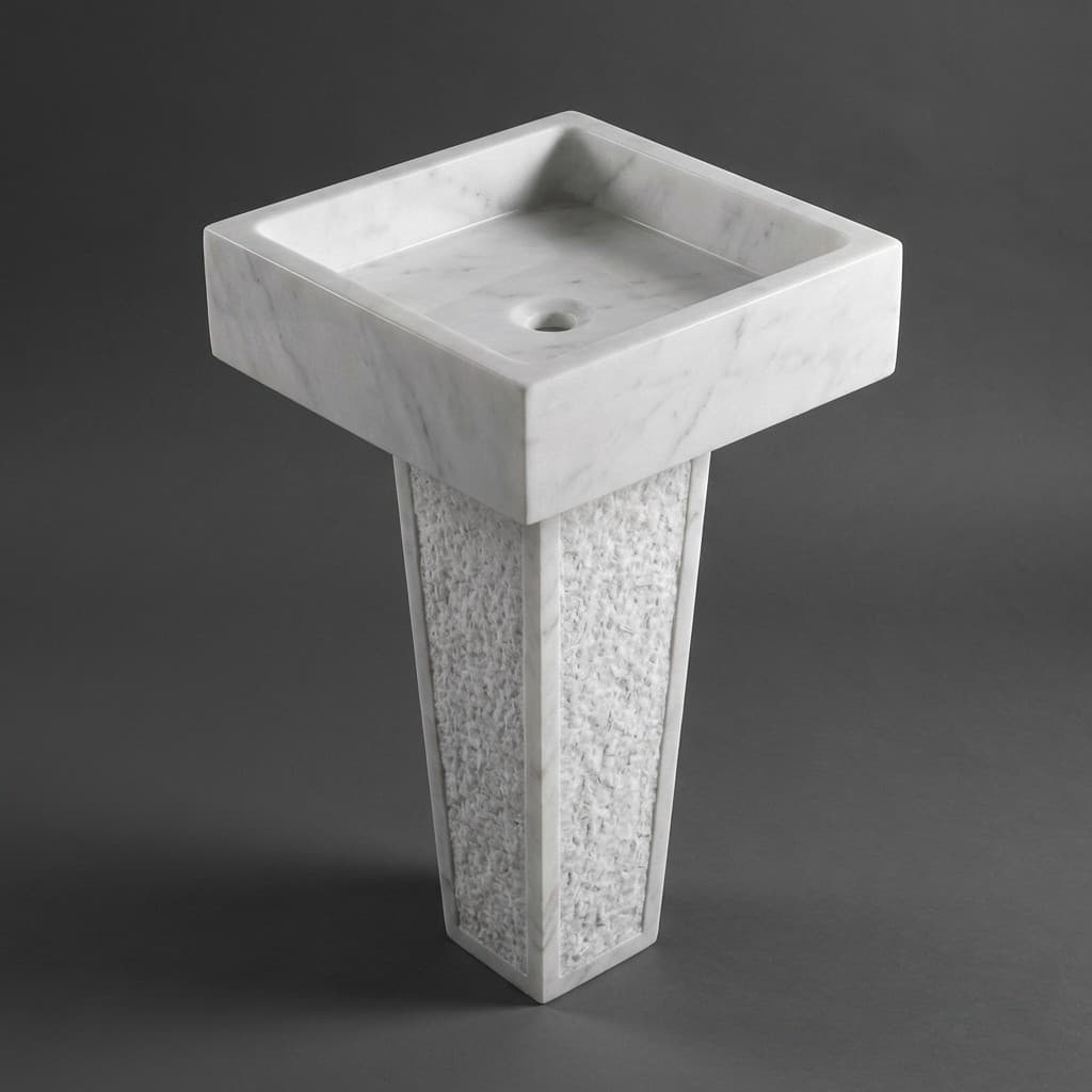 Artisan Hand-Carved Square Stone Pedestal Sink - Elegant Freestanding Basin - hero-light