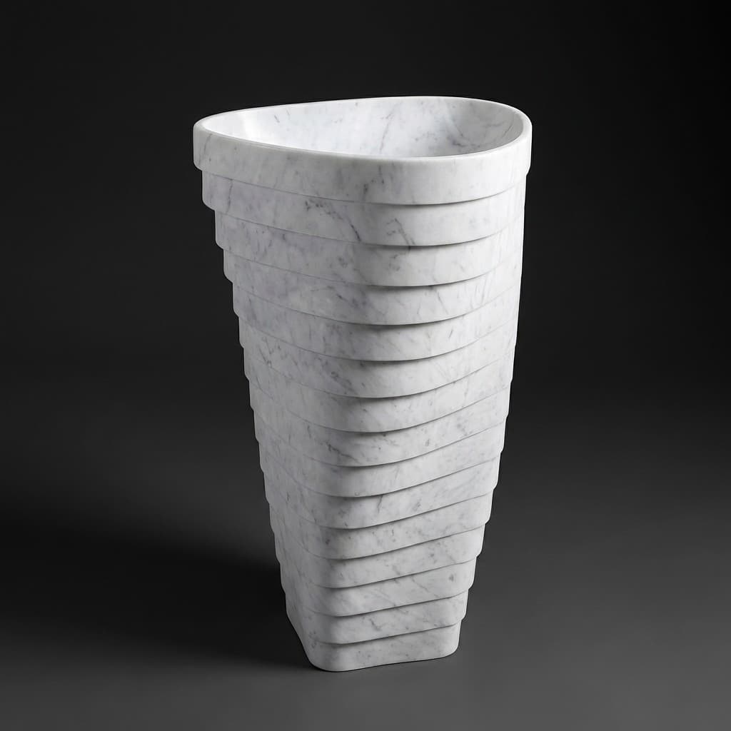 Hand-Carved Layered Sculptural Stone Pedestal Basin - hero-light