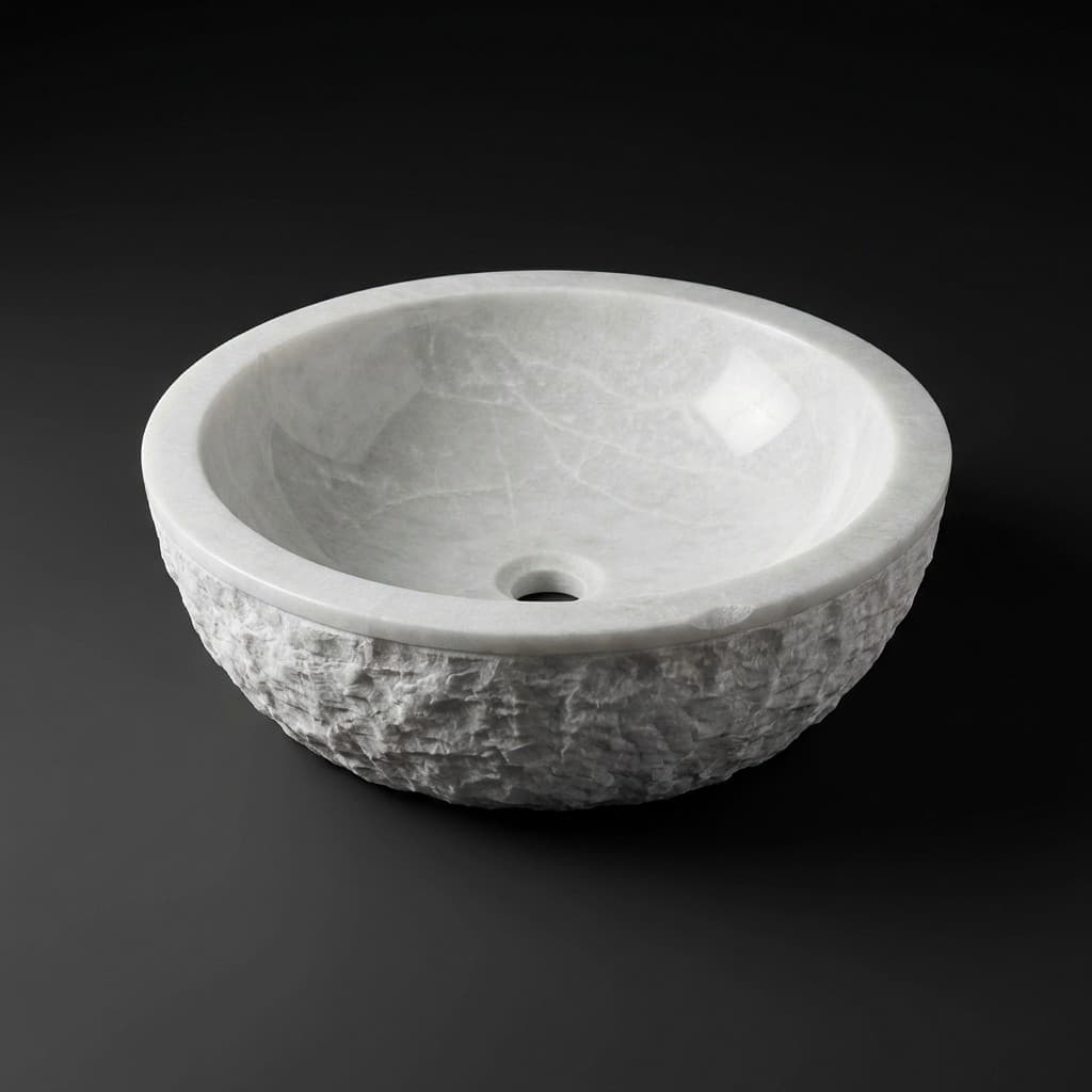 Artisan Hand-Carved Round Stone Vessel Sink with Textured Exterior - hero-light