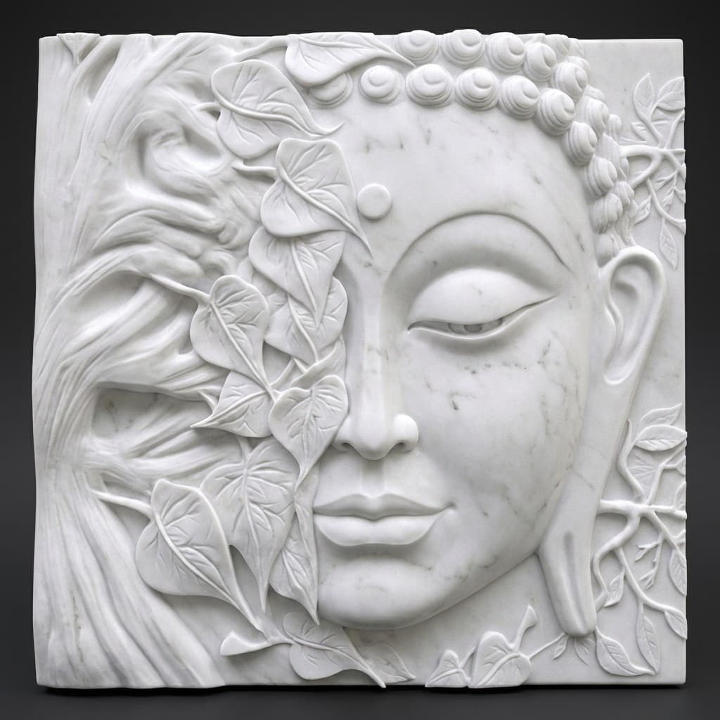 Exquisite Hand-Carved Half Face Buddha & Bodhi Tree Stone Wall Mural - hero-light