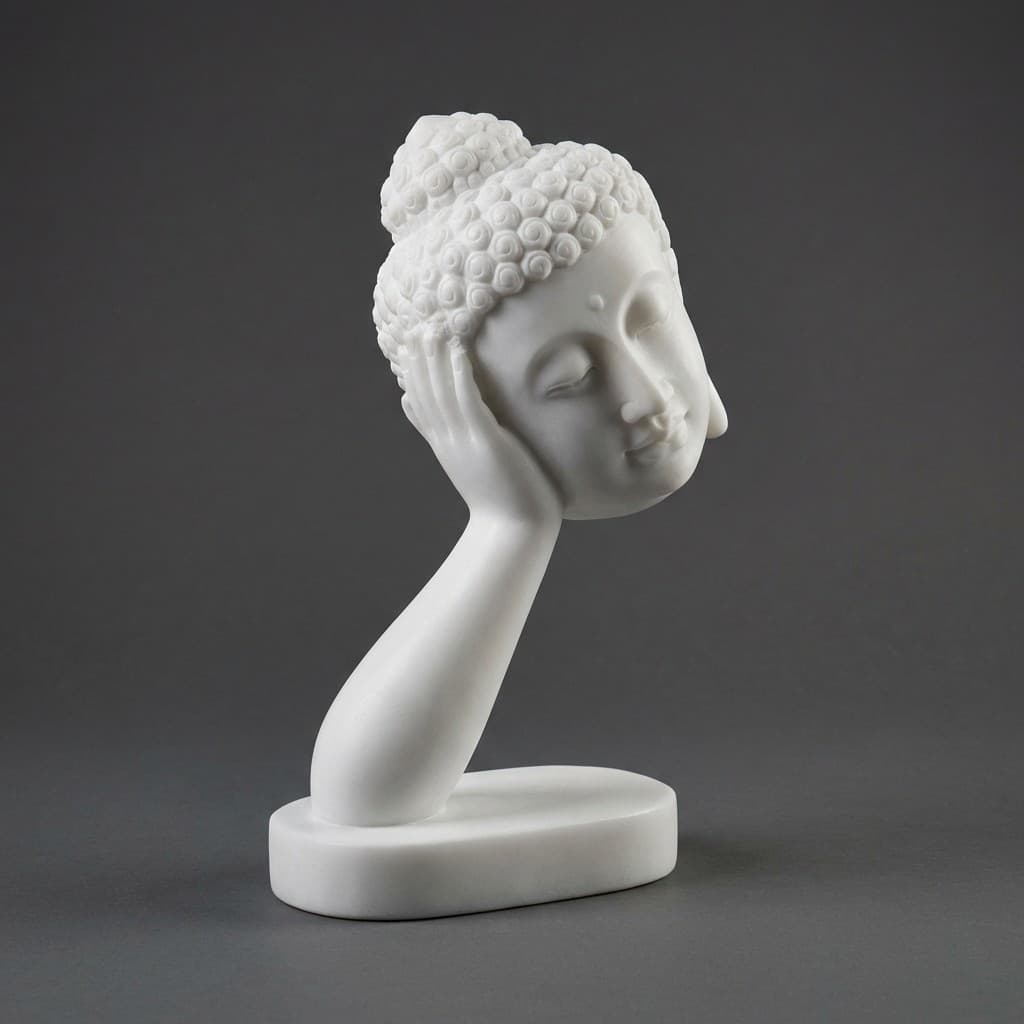 Hand-Carved Serene Buddha Head Sculpture on Pedestal - hero-light