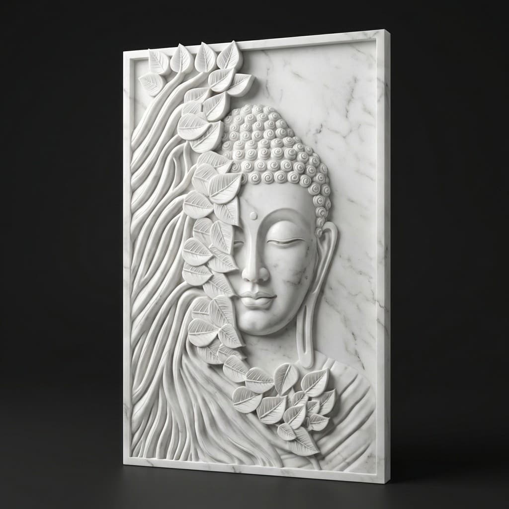 Exquisite Hand-Carved Lord Buddha Stone Wall Mural with Leaf Detail - hero-light