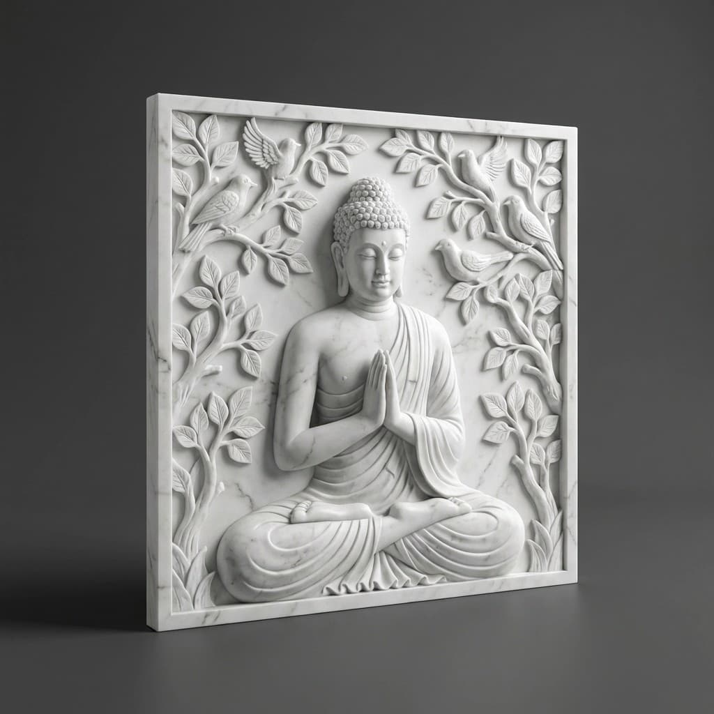 Exquisite Hand-Carved Buddha, Leaf and Bird Stone Wall Mural - hero-light