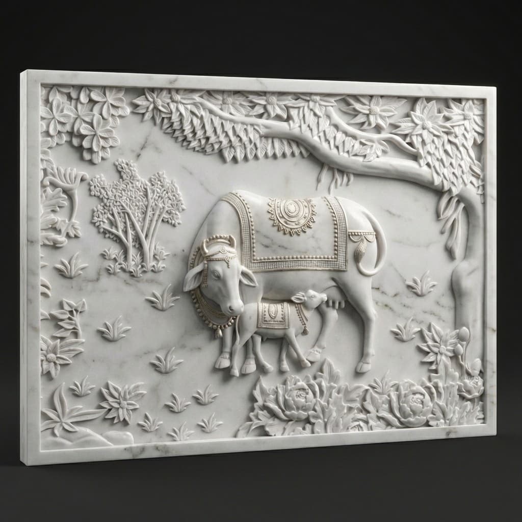 Artisan Hand-Carved Cow and Calf Stone Wall Mural Sculpture - hero-light