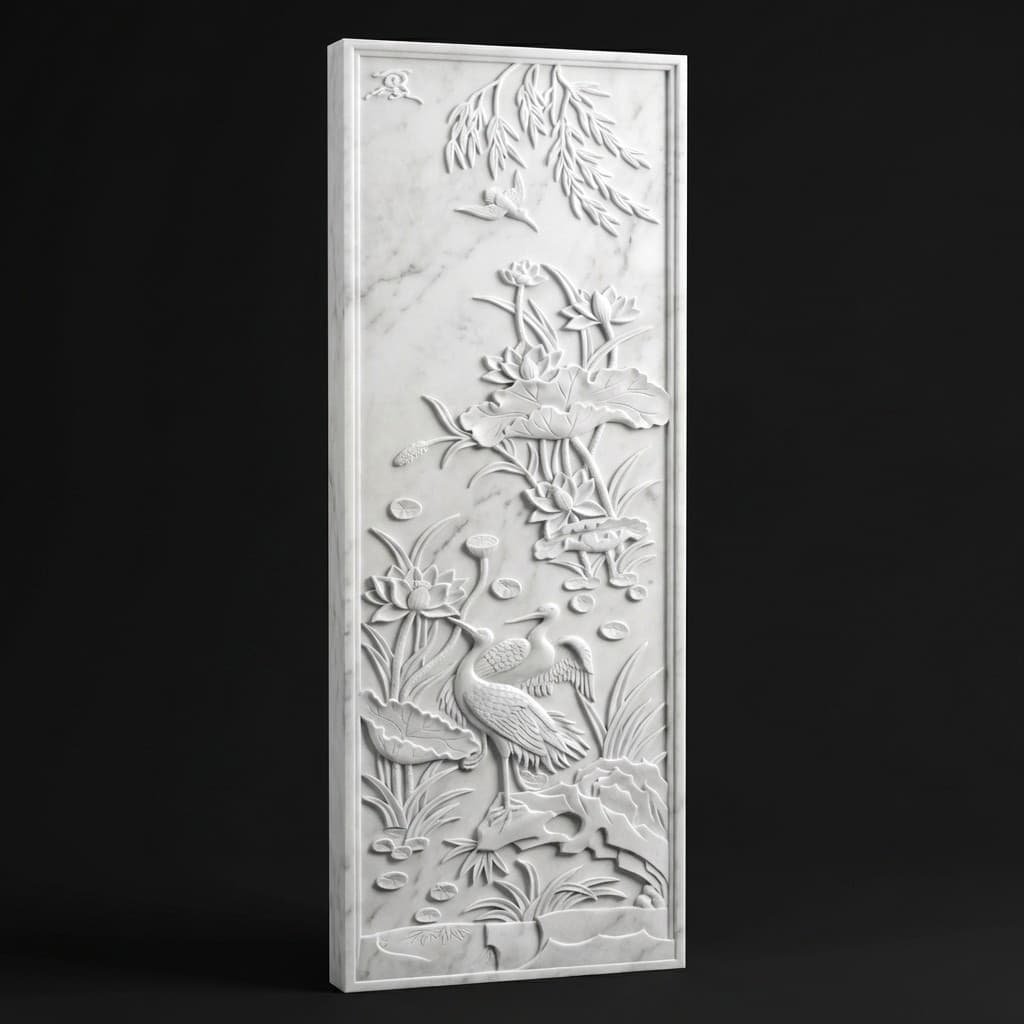 Artisan Hand-Carved Bird and Blooming Floral Vine Stone Wall Panel - hero-light
