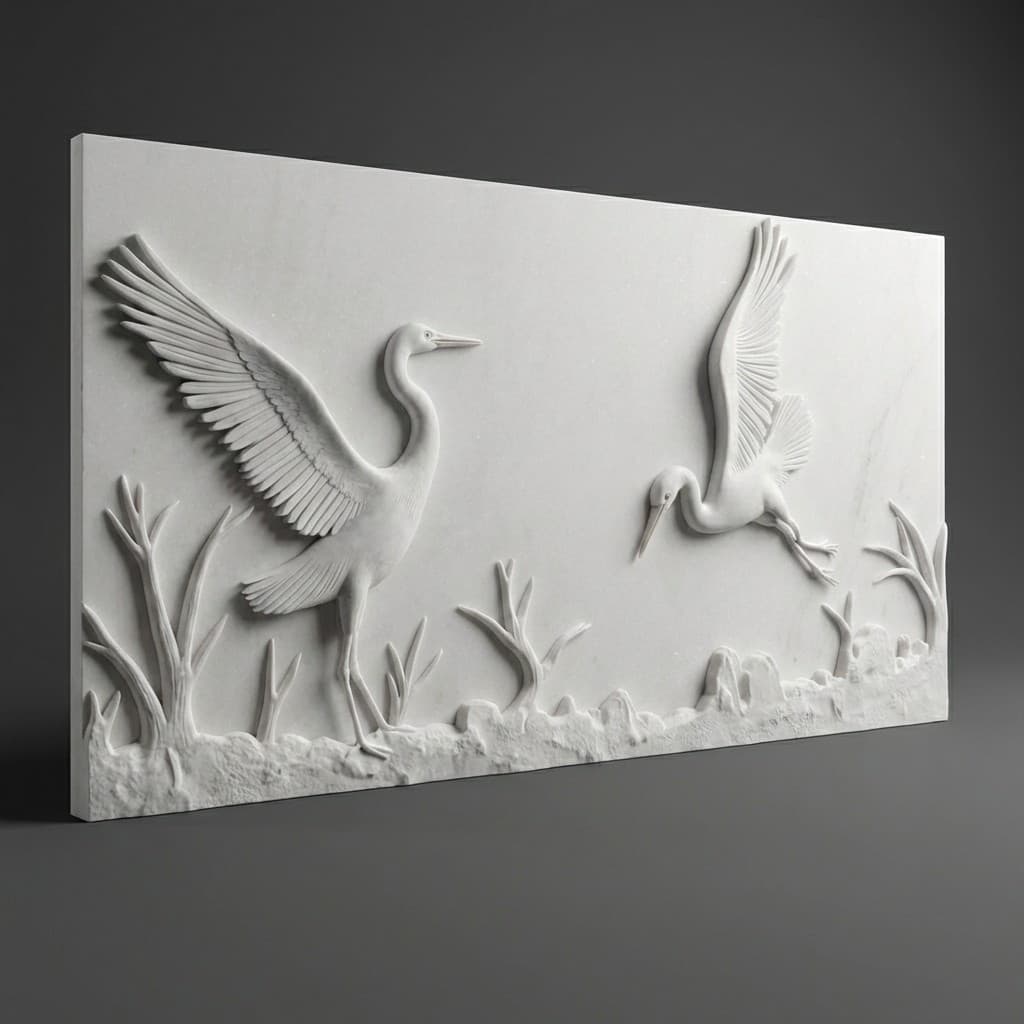 Artisan Hand-Carved Crane Bird Stone Wall Mural - hero-light