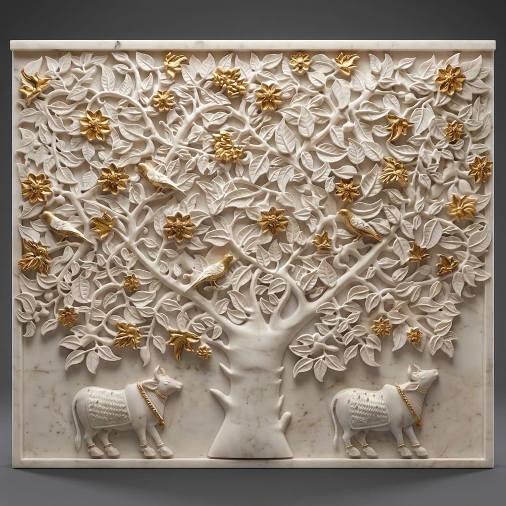Exquisite Hand-Carved Tree of Life Stone Wall Mural with Sacred Cows - hero-light